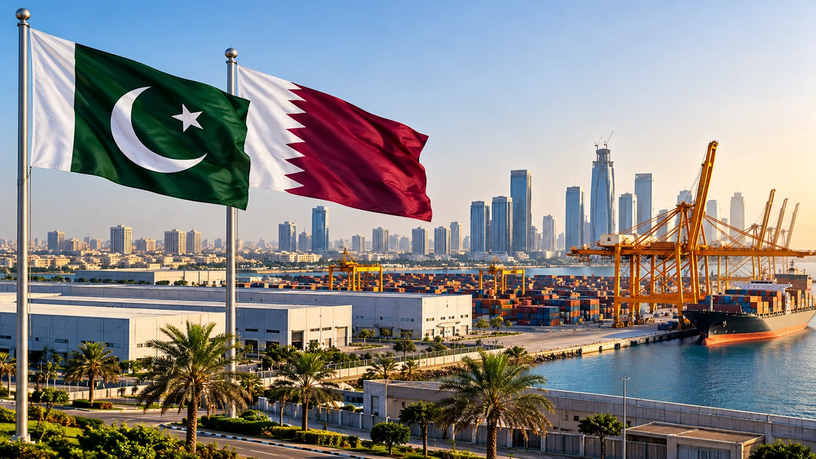 Pakistan and Qatar flags overlooking industrial facilities, a container port and trade infrastructure.