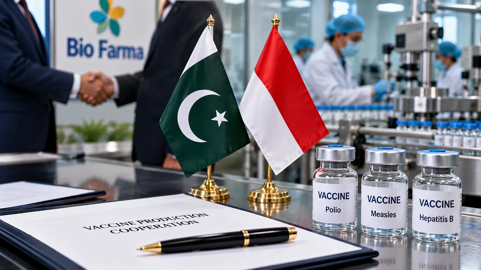 Pakistan and Indonesia flags alongside vaccine production equipment, illustrating proposed Bio Farma cooperation
