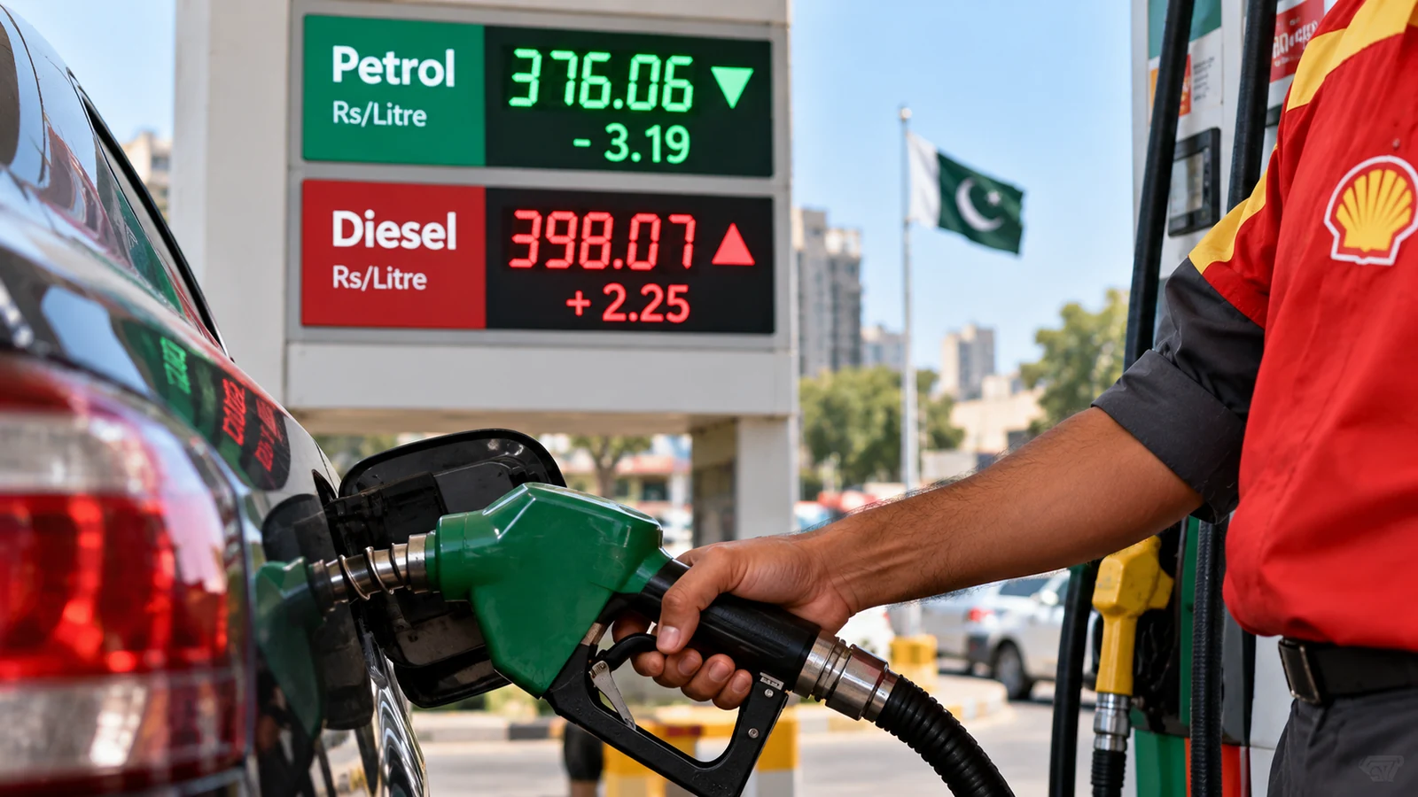 Fuel attendant refuelling a car beside illustrated Pakistan petrol and diesel price display