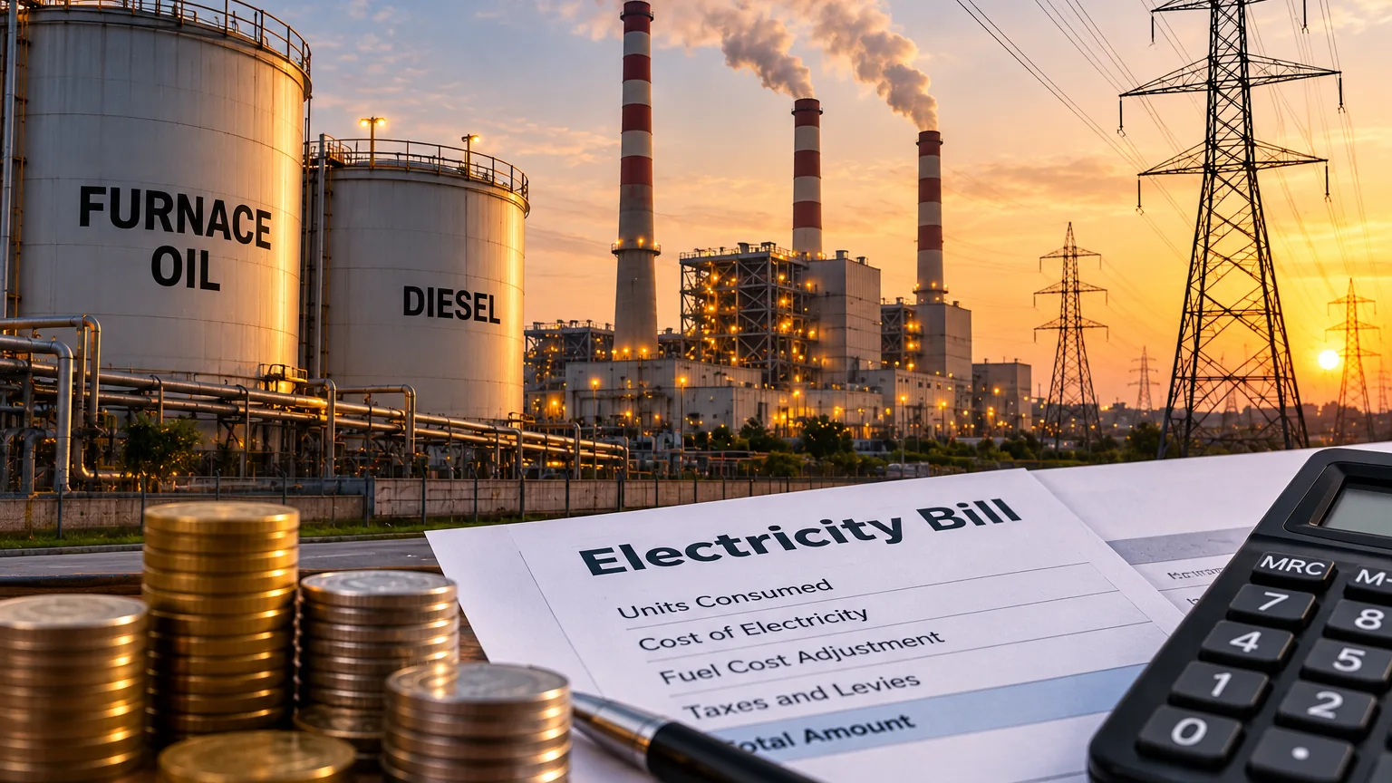 AI-generated editorial illustration of furnace oil and diesel storage tanks, a thermal power plant and an electricity bill.