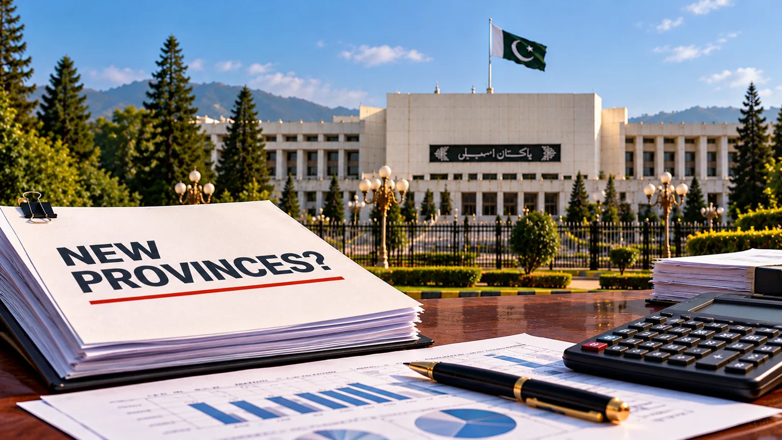 AI-generated editorial illustration of a New Provinces briefing folder and financial documents outside Pakistan’s Parliament.