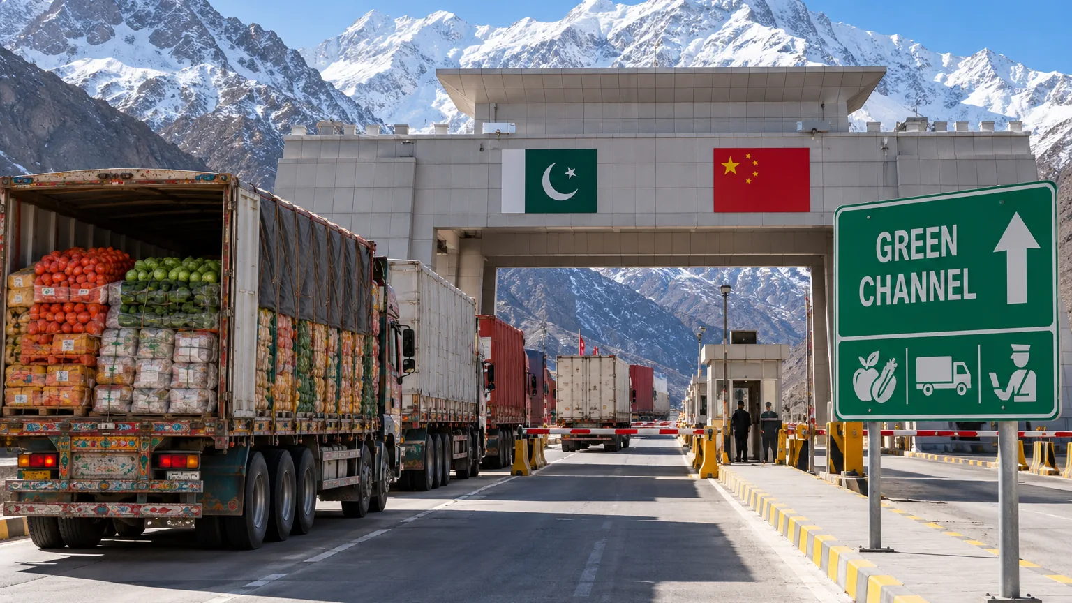 AI-generated editorial illustration of trucks at the Pakistan–China border crossing and a green-channel customs sign.