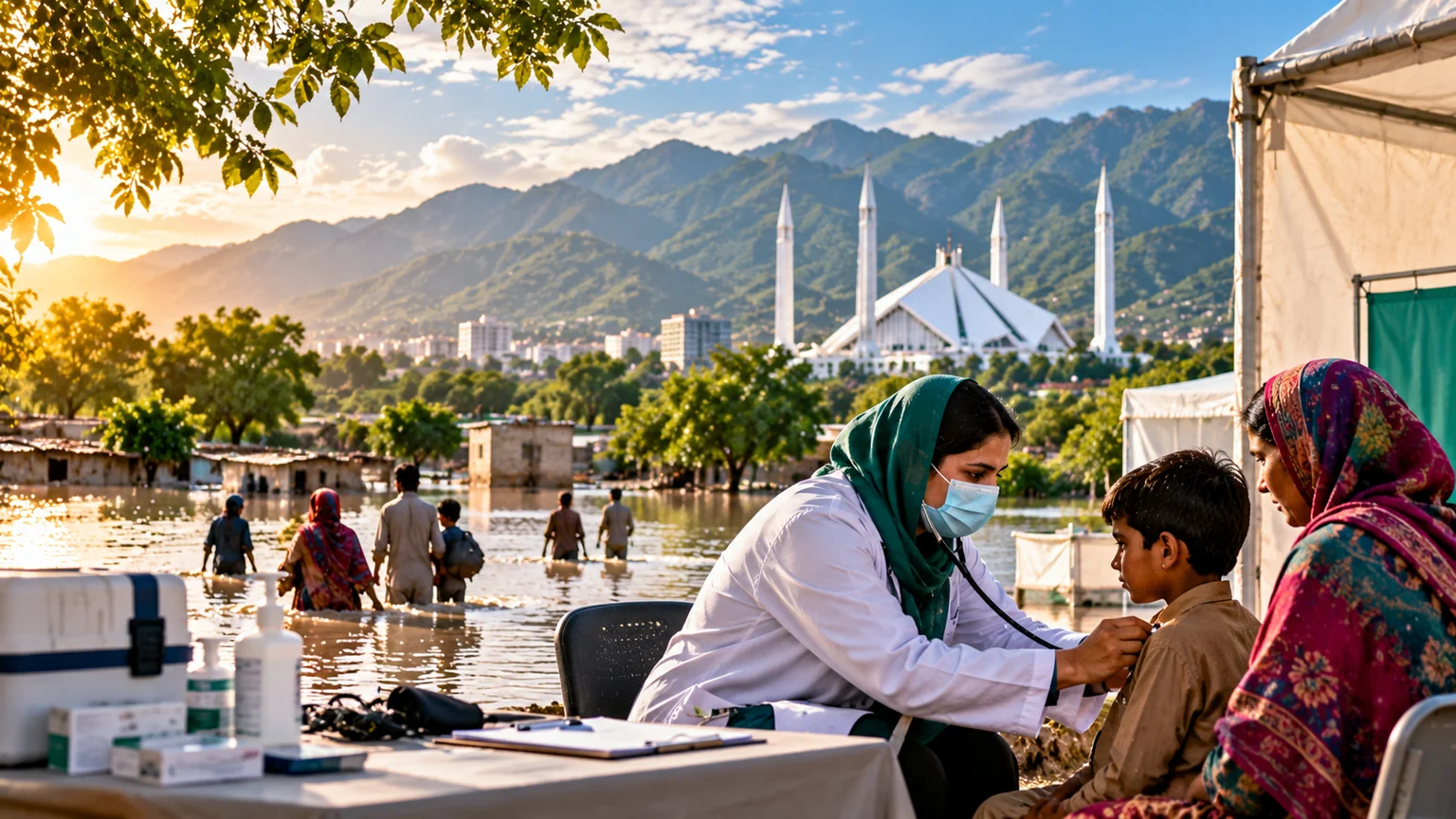 AI-generated illustration of a healthcare worker examining a child at a temporary clinic near flood-affected homes.