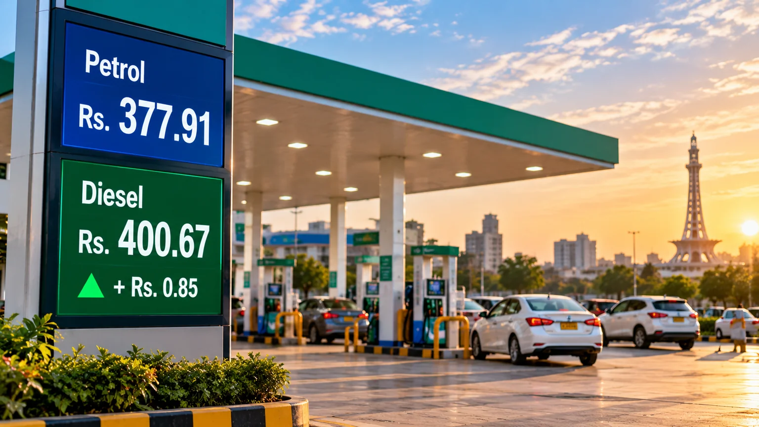 AI-generated illustration of a petrol station price board showing notified petrol and diesel rates.