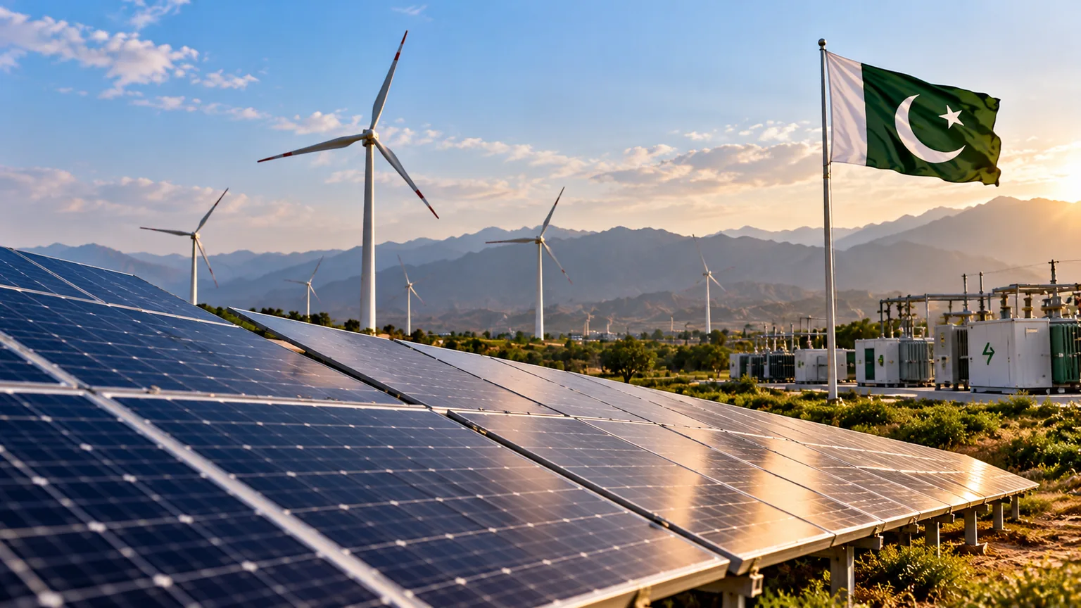 AI-generated editorial illustration of solar panels, wind turbines and a Pakistani flag representing green investment opportunities.