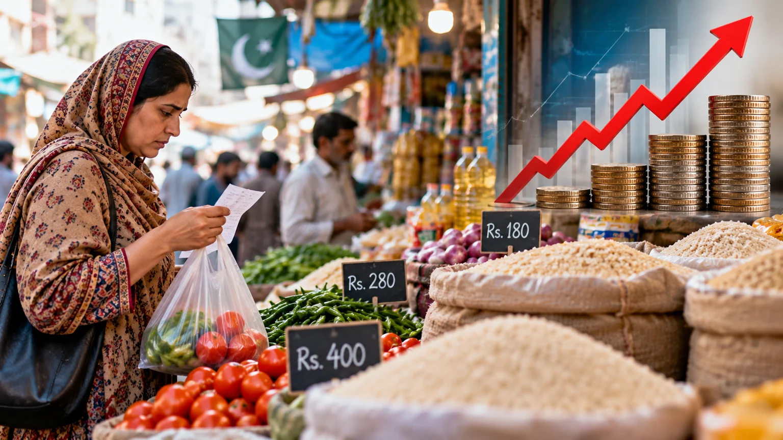 AI-generated illustration of a Pakistani market shopper examining a receipt, with produce and an inflation graphic.