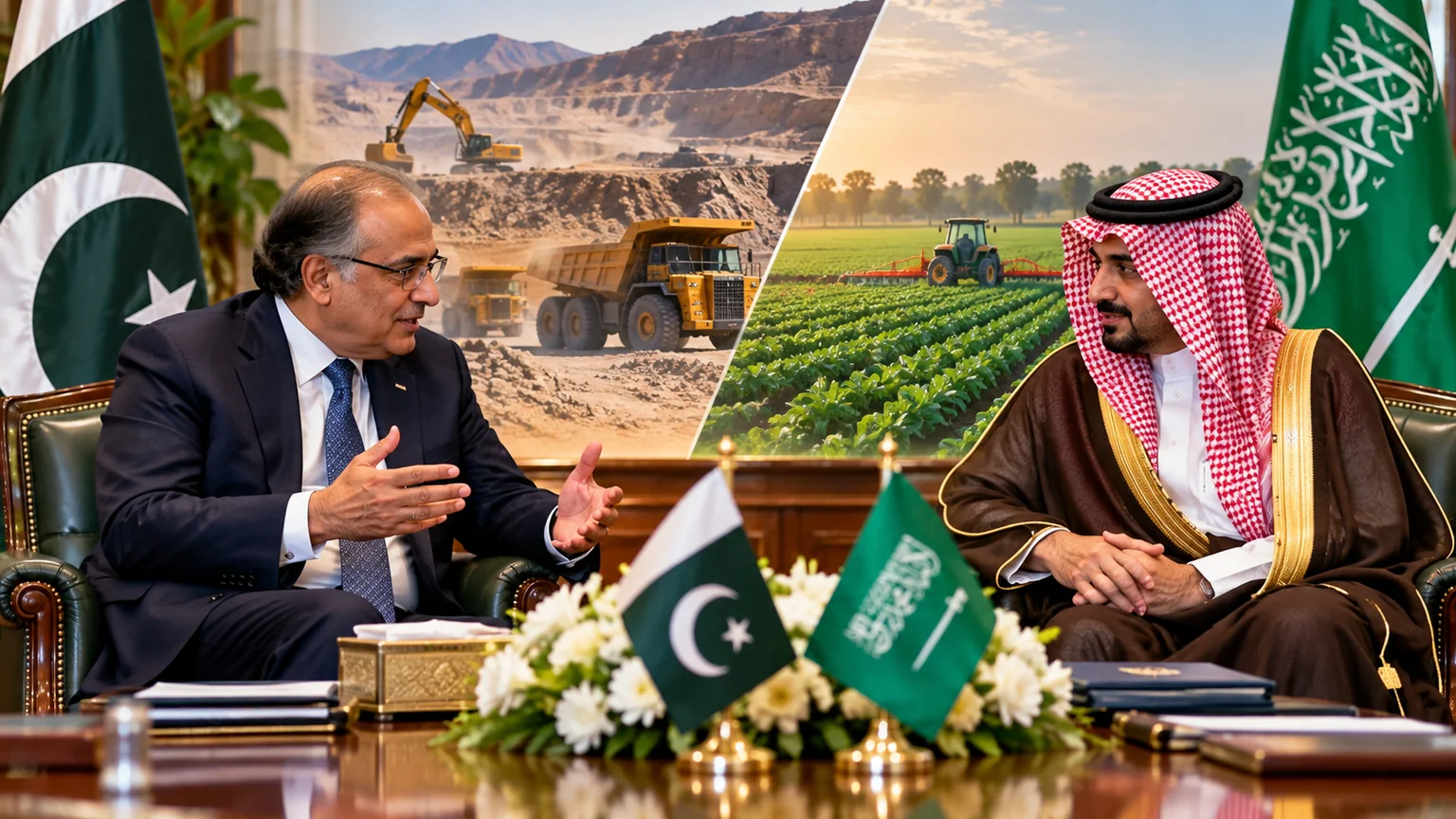 AI illustration representing Pakistan–Saudi investment discussions in mining and agriculture.