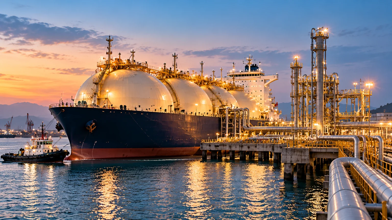 AI-generated illustration of an LNG carrier moored beside a gas terminal at sunset.