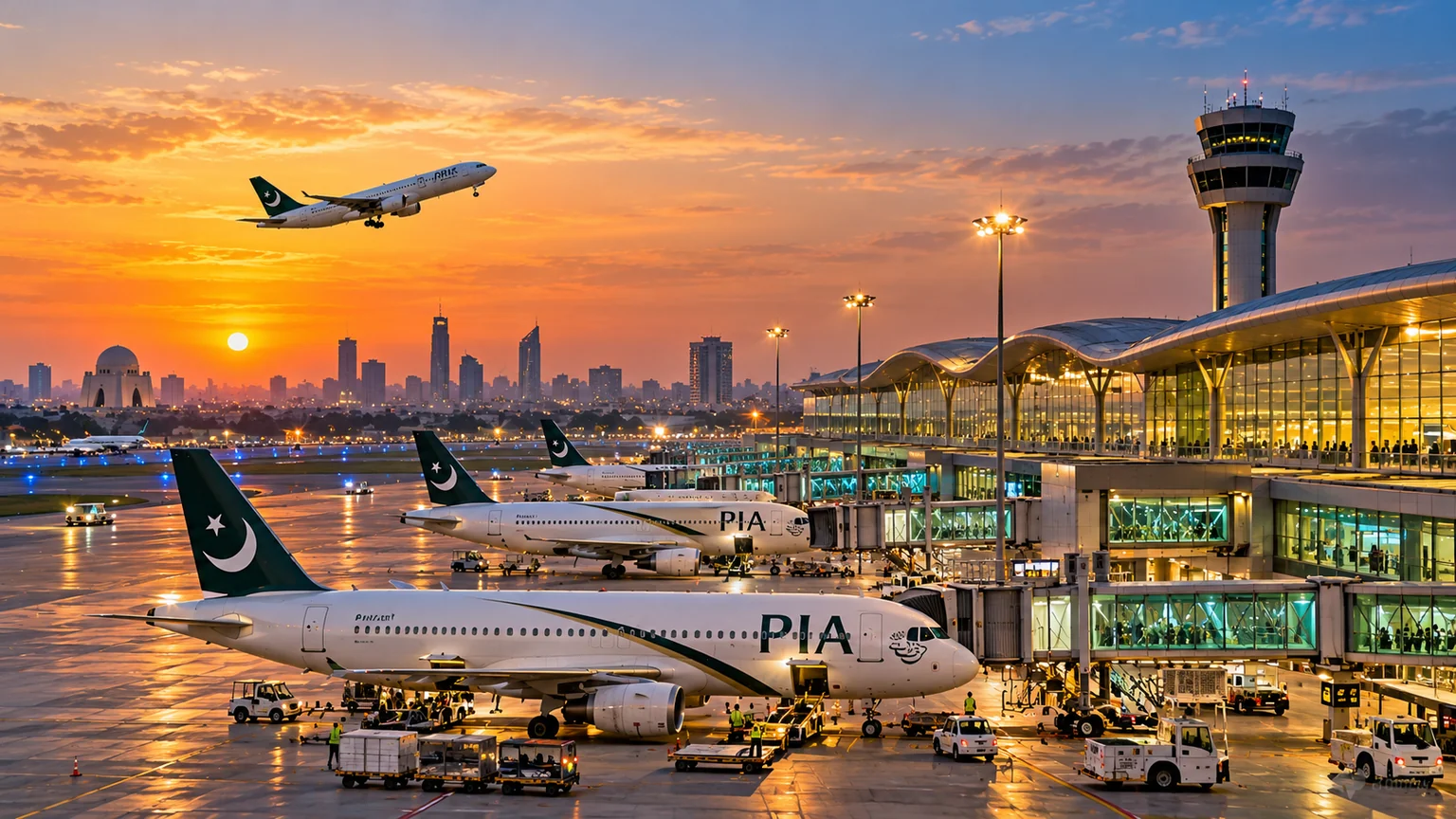 AI-generated editorial illustration for PM Approves Expansion of Karachi and Lahore Airports.