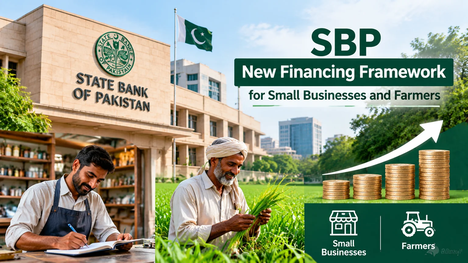 AI-generated editorial illustration for SBP Introduces New Financing Framework for Small Businesses and Farmers.