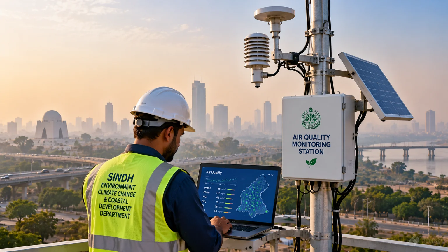 AI-generated editorial illustration for Sindh Proposes $7 Million Air Quality Monitoring Network Across 23 Districts.