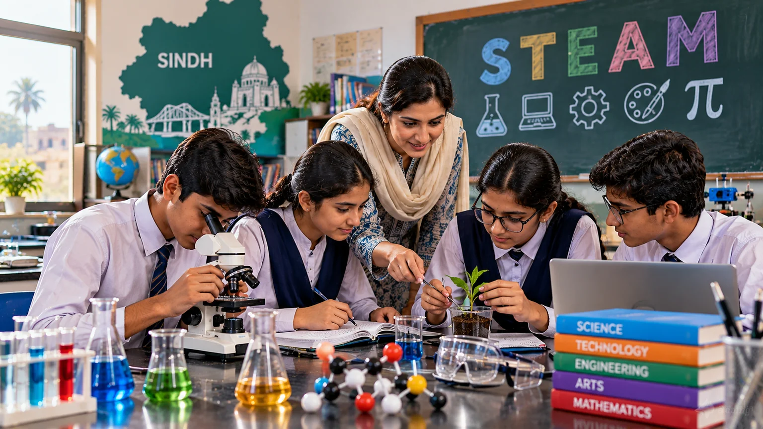 AI-generated editorial illustration for Sindh Education Experts Seek Dedicated Budget for Science and Technology Learning.