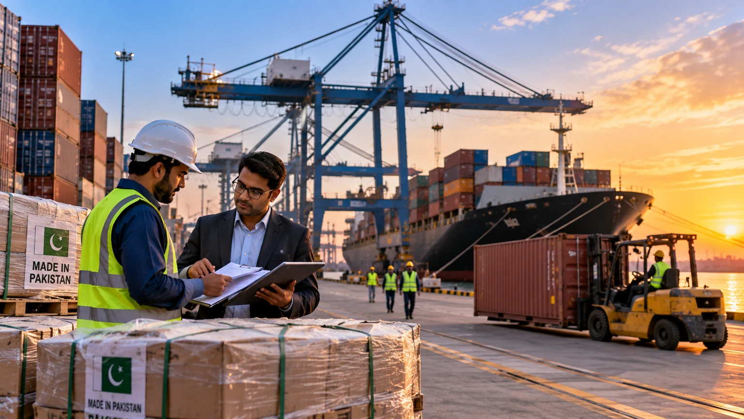 AI-generated illustration of Pakistani export cargo and business representatives at a container port.