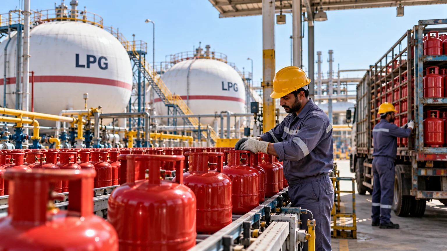 AI-generated illustration of LPG storage tanks, gas cylinders and distribution workers.