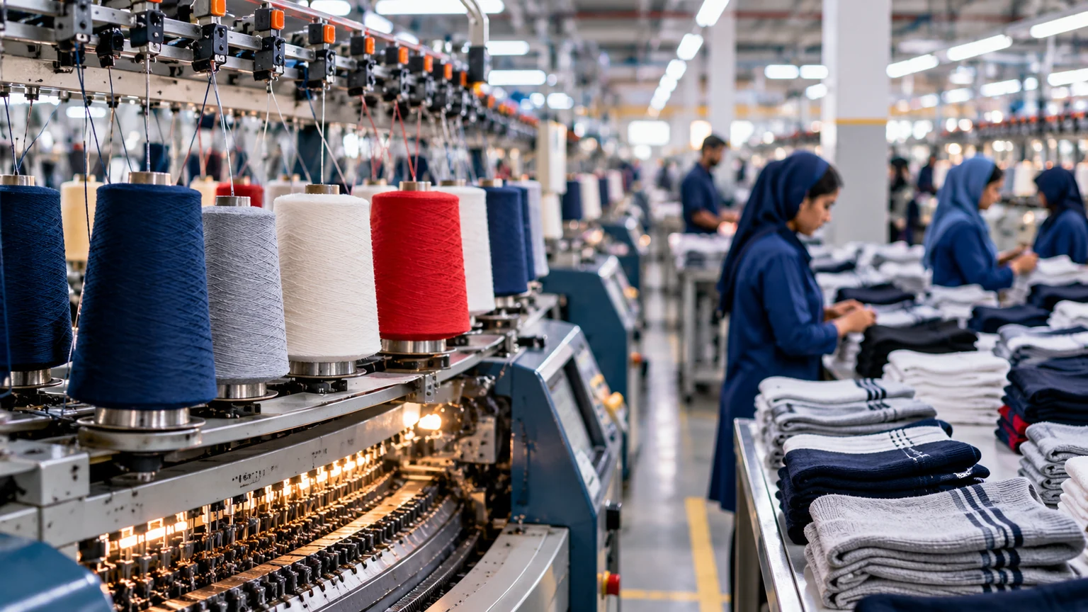 AI illustration of textile knitting machinery, yarn spools and workers folding garments.