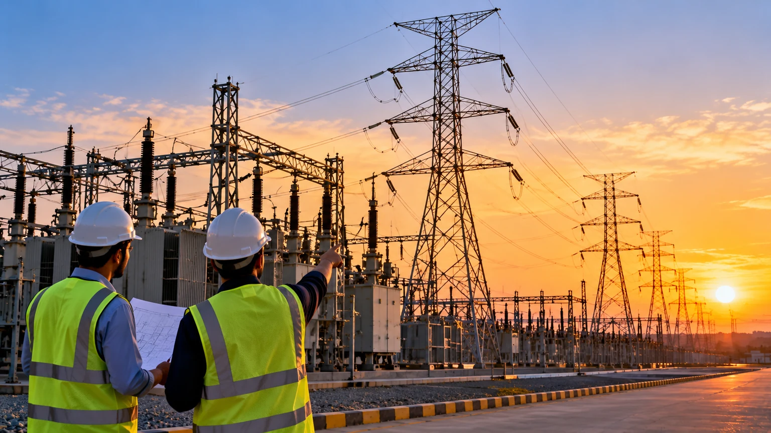 AI-generated illustration of electricity transmission lines, a substation and engineers at sunset.