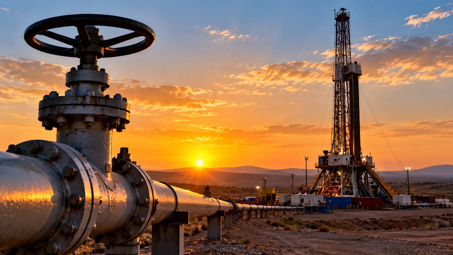Illustration of an oil and gas production facility with pipeline and drilling rig at sunset.