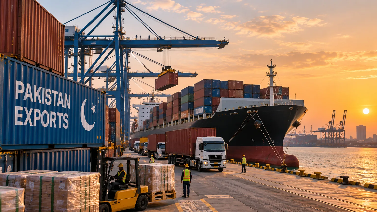 AI-generated editorial illustration of container ships and export cargo at a Pakistani port.