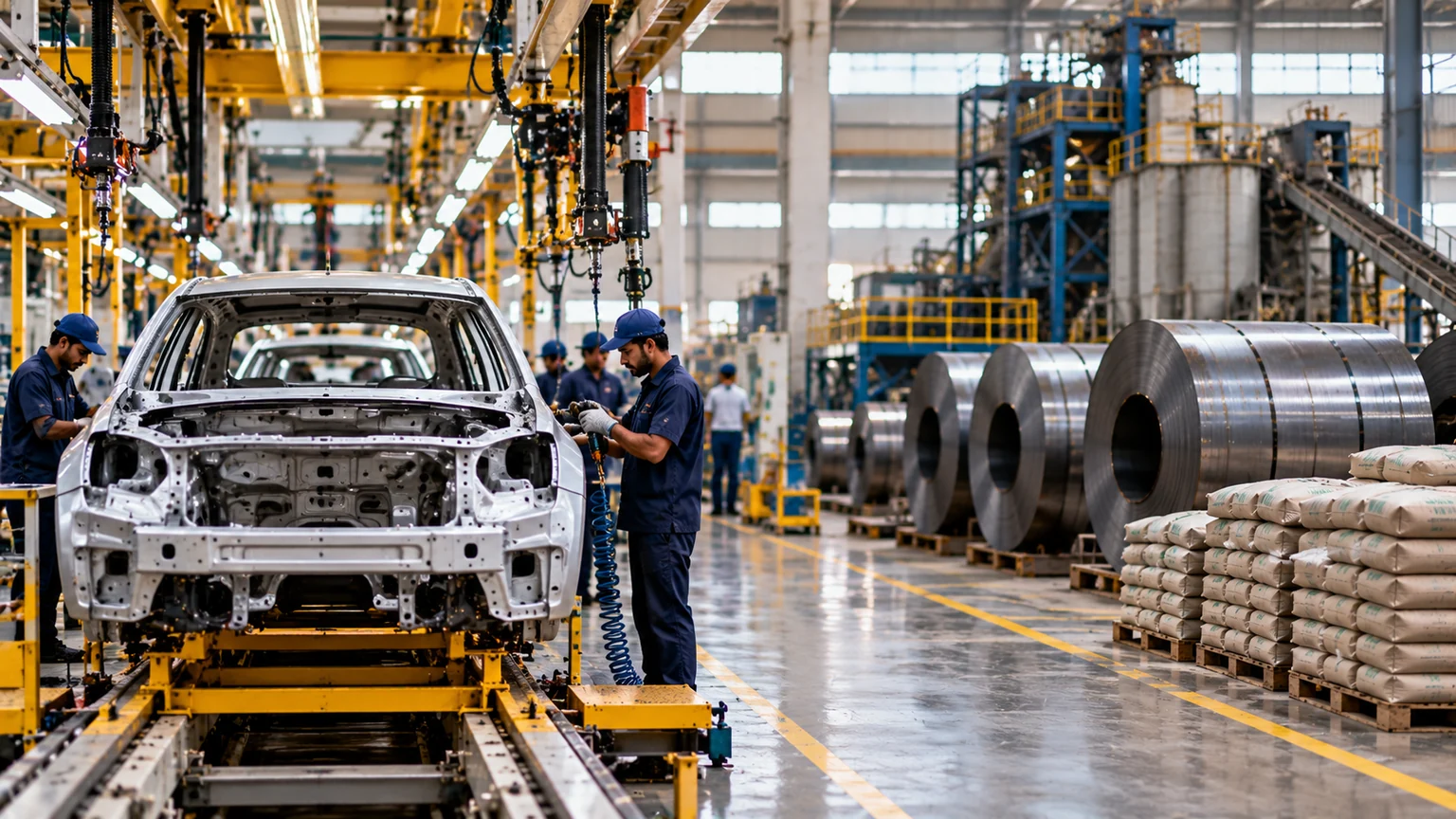 AI illustration of workers on an automobile assembly line alongside industrial materials.