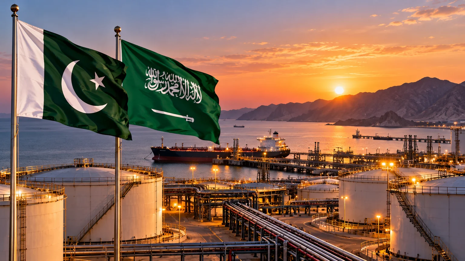 Illustration of oil storage facilities with Pakistani and Saudi flags.