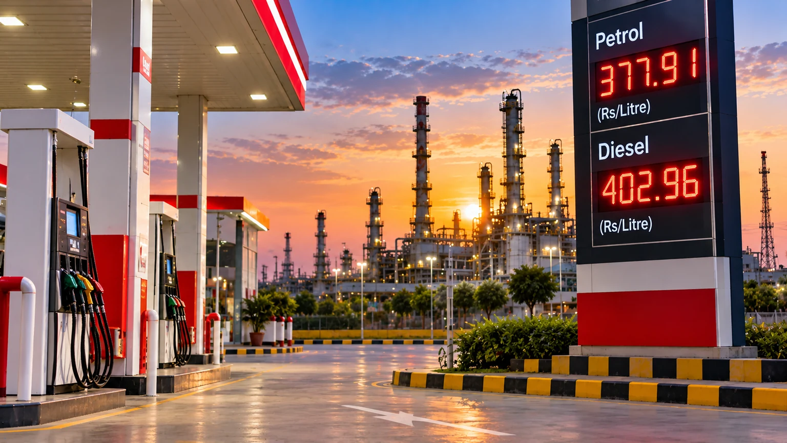 AI-generated illustration of a petrol station and oil refinery at sunset, with displayed petrol and diesel prices.