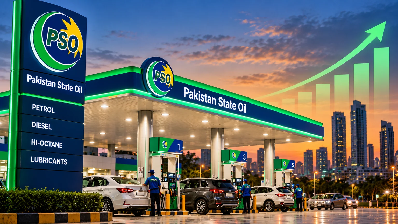 Pakistan State Oil fuel station illustrating quarterly earnings and sales growth.