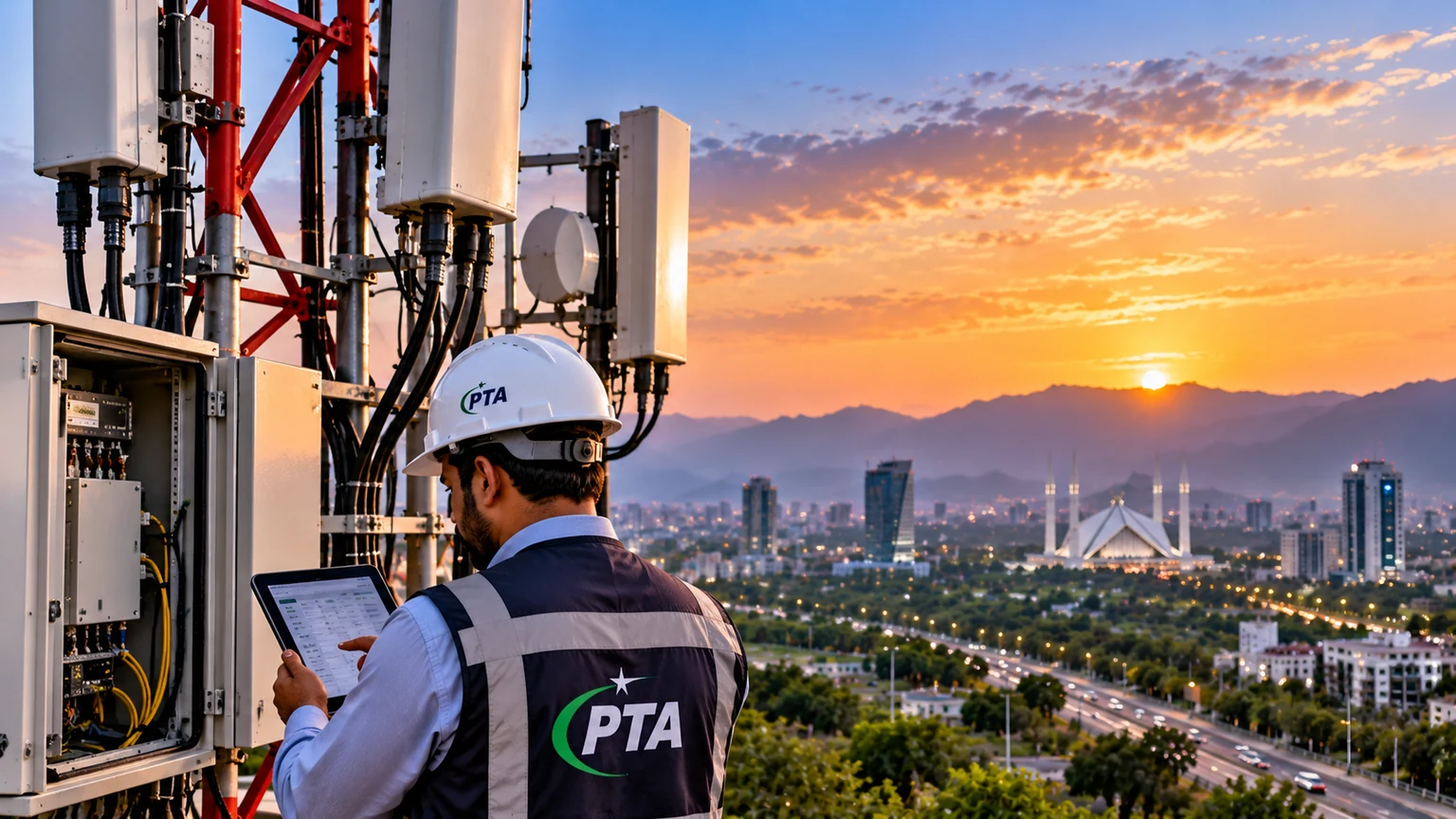 AI-generated illustration of a telecom network inspector examining mobile tower equipment.