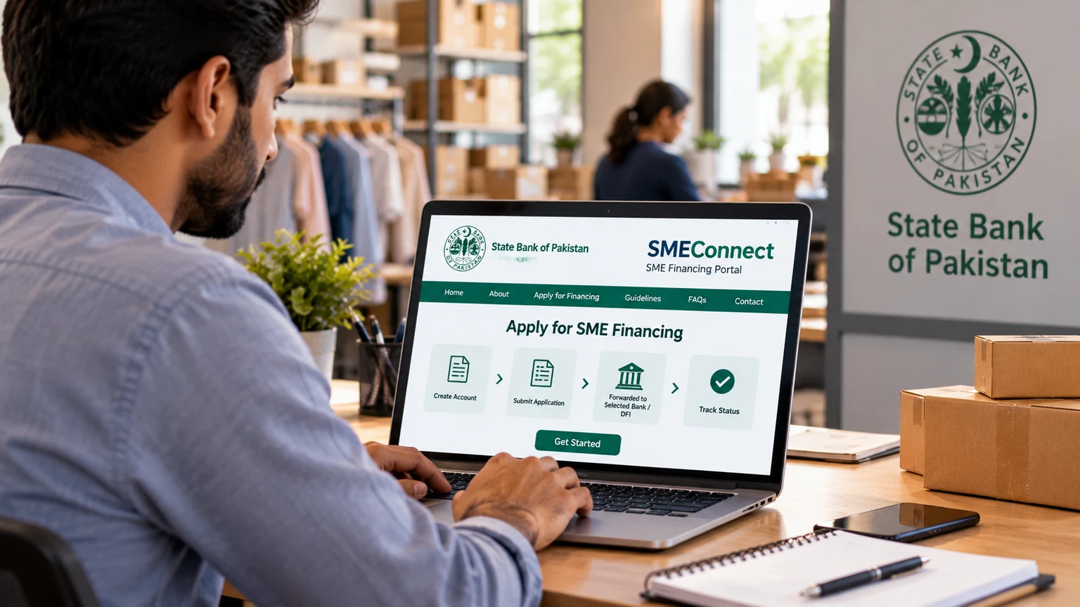 AI-generated illustration of a small business owner using an SME financing portal on a laptop.