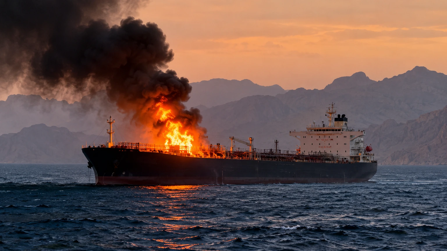 AI-generated illustration of a burning oil tanker in the Strait of Hormuz at dusk.
