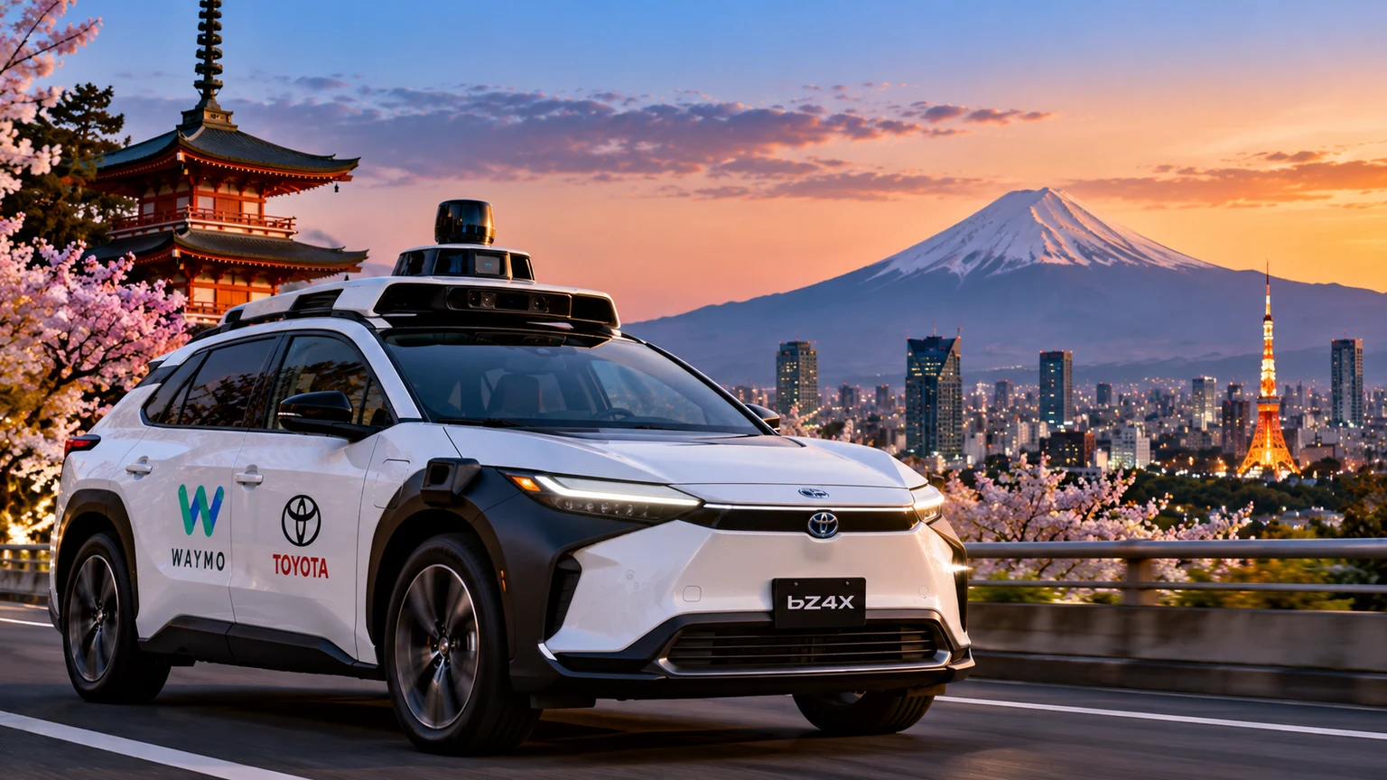 AI-generated illustration of a Toyota and Waymo autonomous electric vehicle in a Japanese cityscape.