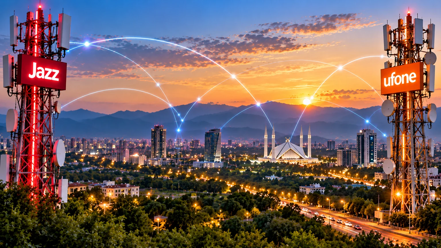 AI-generated illustration of Jazz and Ufone telecom towers overlooking Islamabad at sunset.