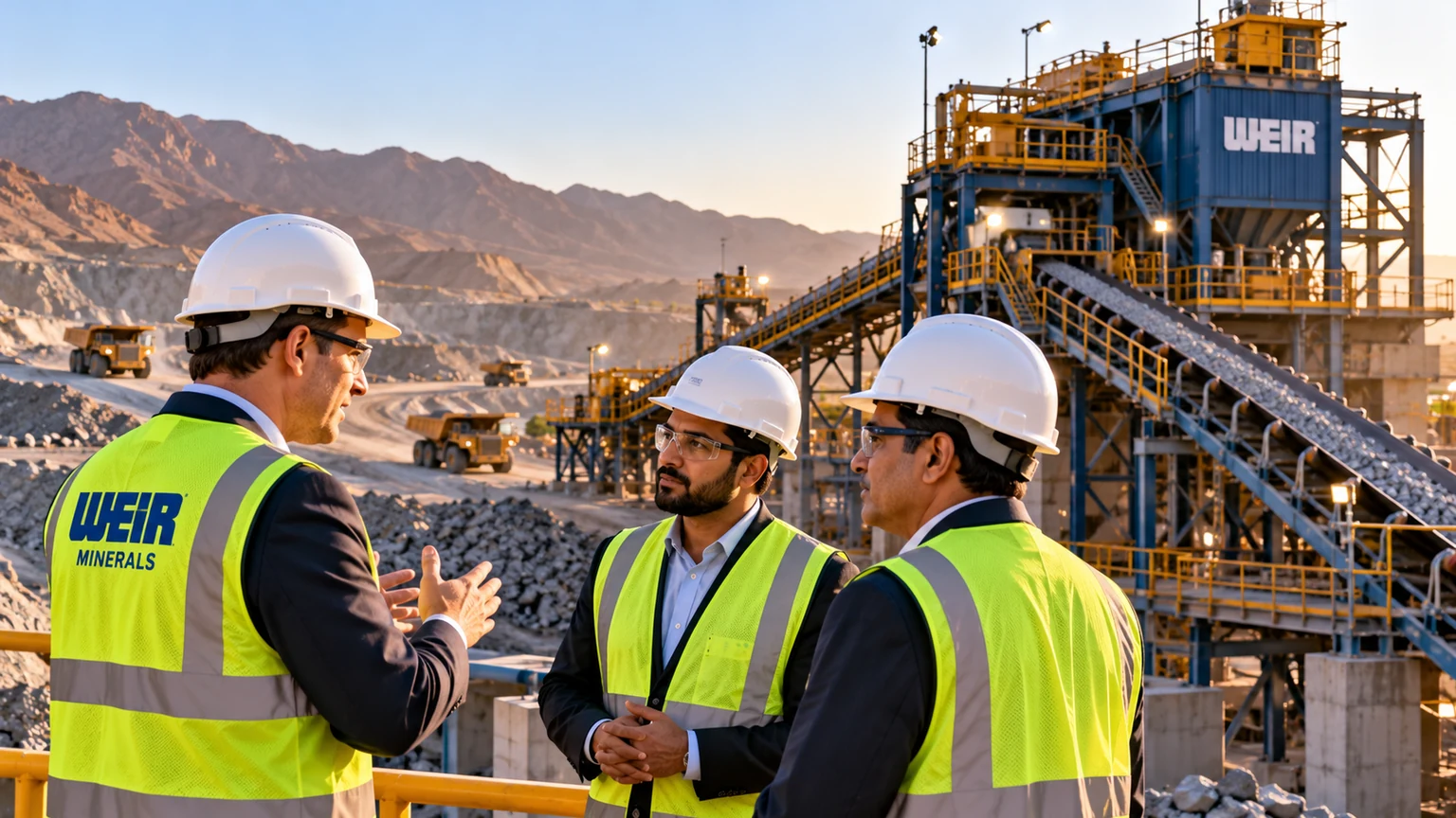 AI-generated illustration of mining specialists discussing mineral-processing equipment at an open-pit mine.