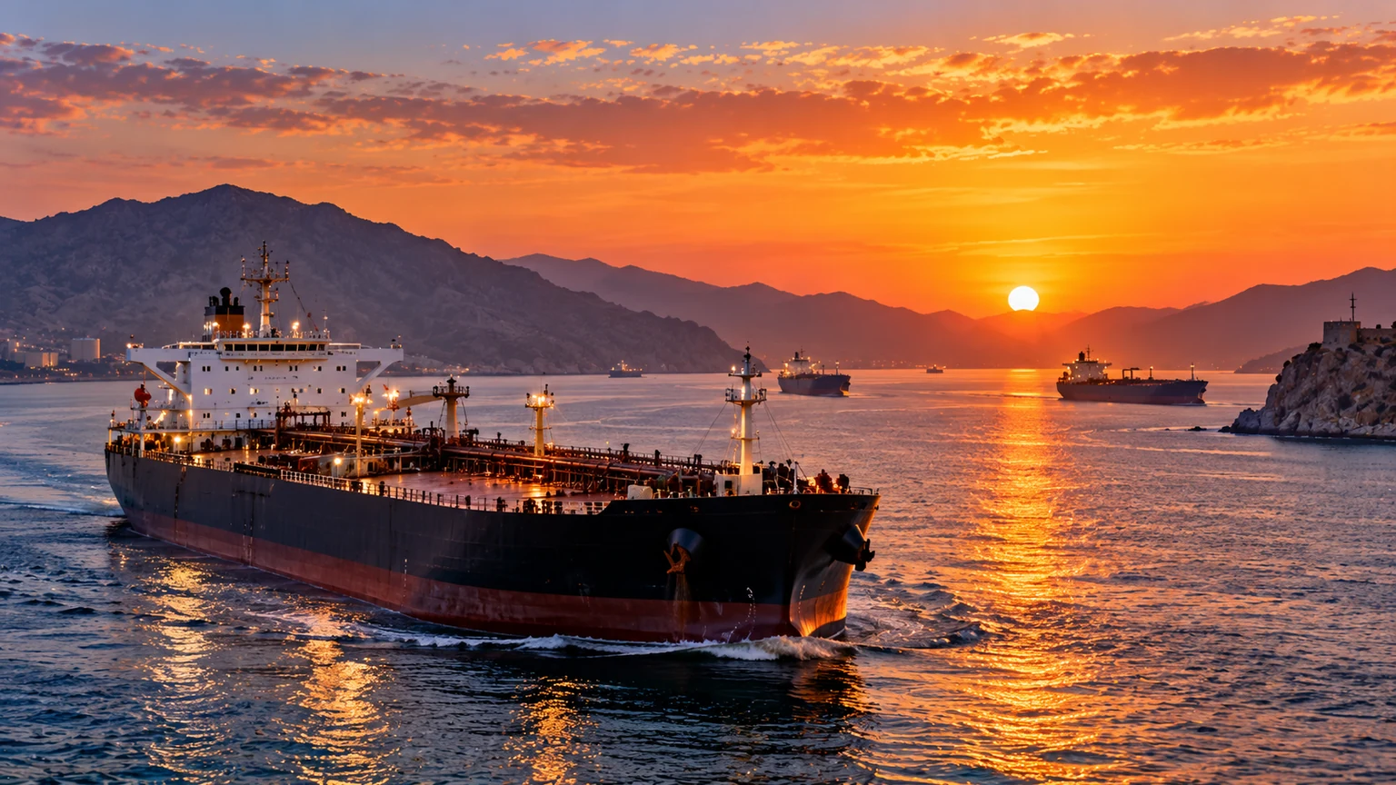 AI-generated illustration of oil tankers travelling through a mountainous strait at sunset.