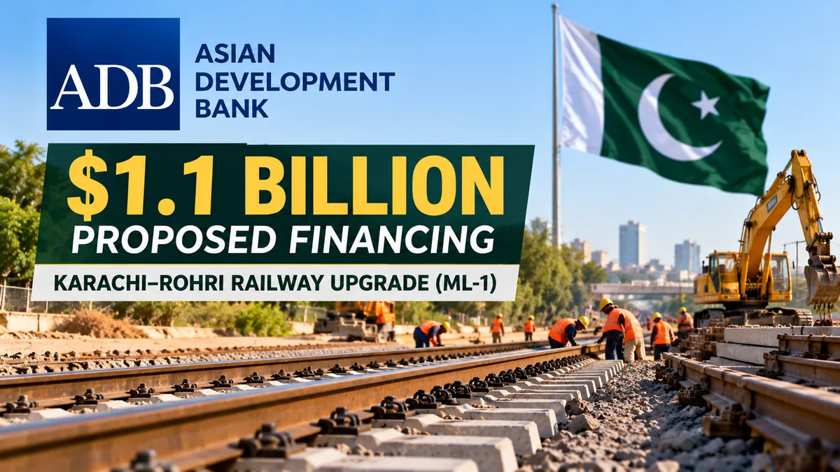 AI-generated Pakistan Report editorial illustration of railway infrastructure representing the proposed ADB-backed Karachi-Rohri ML-1 upgrade.
