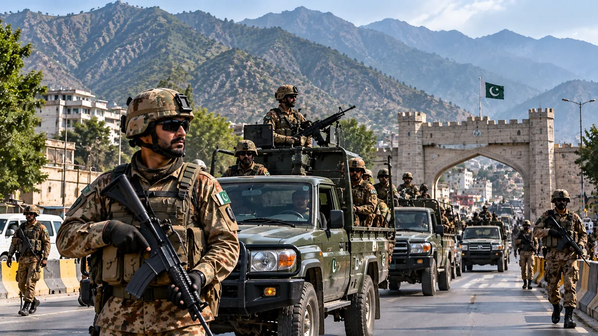 Conceptual editorial illustration accompanying Pakistan Report coverage: Federal Government Authorises Army Deployment in KP in Aid of Civil Power