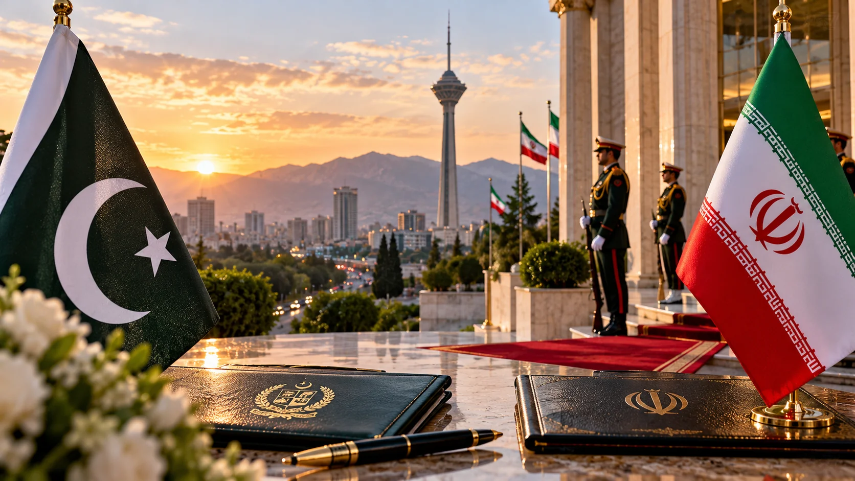 Editorial illustration about pakistan’s defence chief due in tehran for talks on regional security.