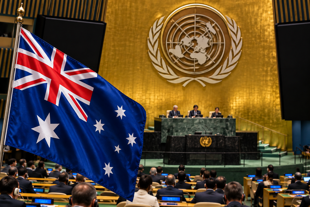 AI-generated Pakistan Report editorial illustration representing Australia and the United Nations.