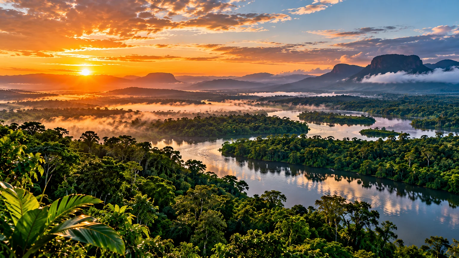 A conceptual aerial illustration of forested river channels and rainforest at sunrise; not a photograph of COP17.