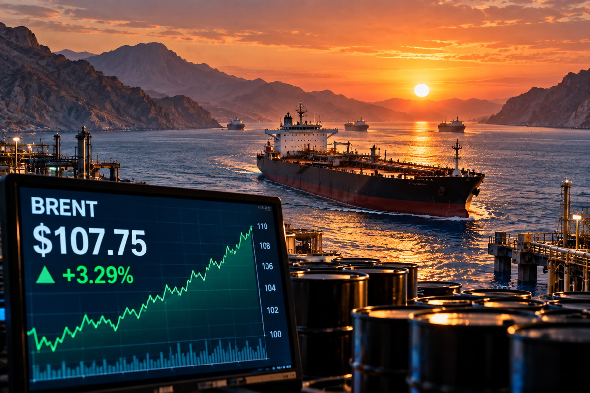 AI-generated Pakistan Report editorial illustration representing Brent crude prices and oil shipping risks around the Strait of Hormuz.