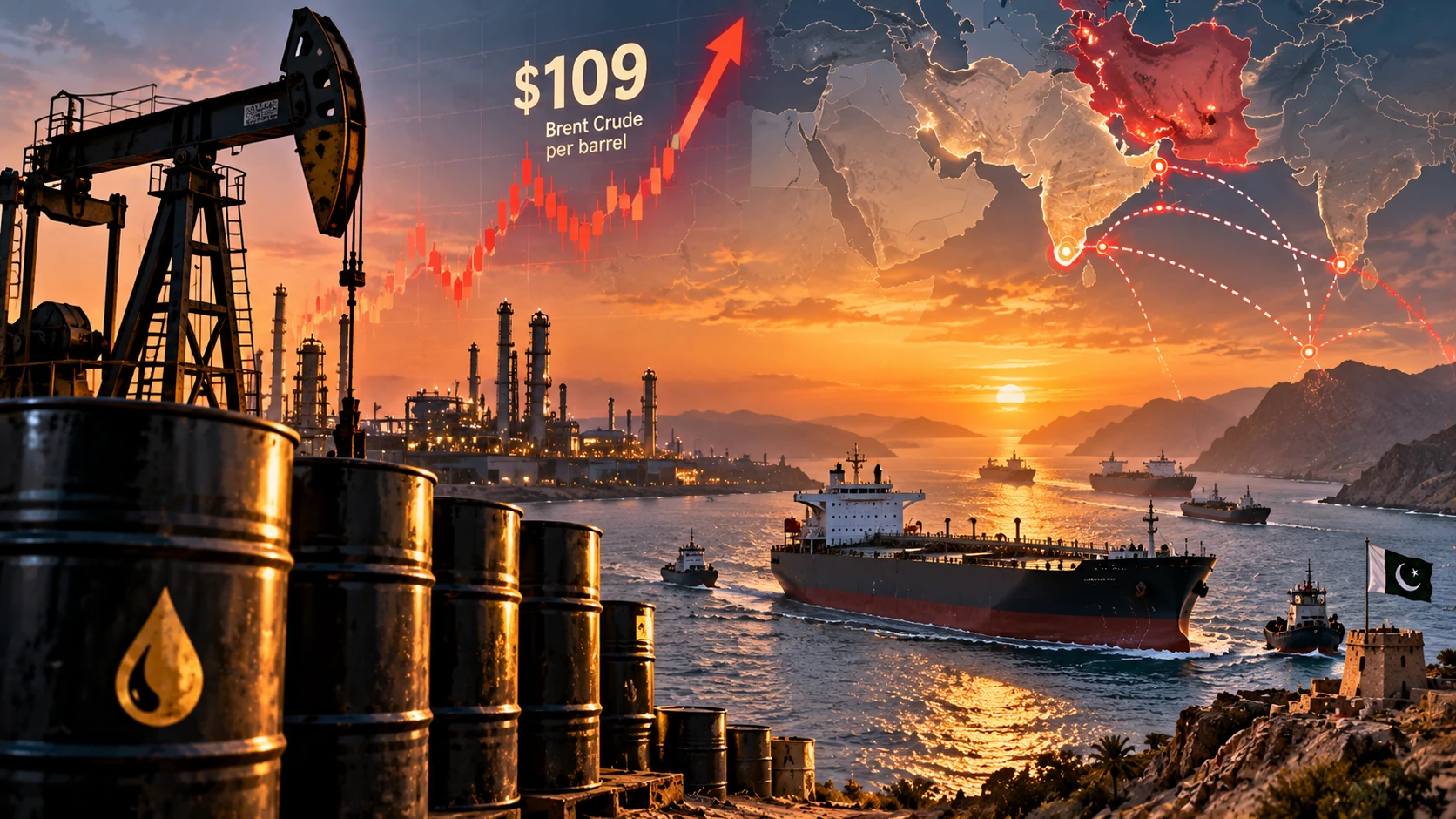 Editorial illustration of oil tankers, petroleum production and Middle East shipping routes.