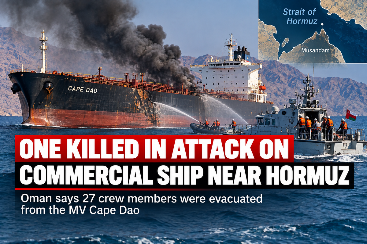 Editorial illustration of an emergency response to a commercial vessel attack near the Strait of Hormuz.
