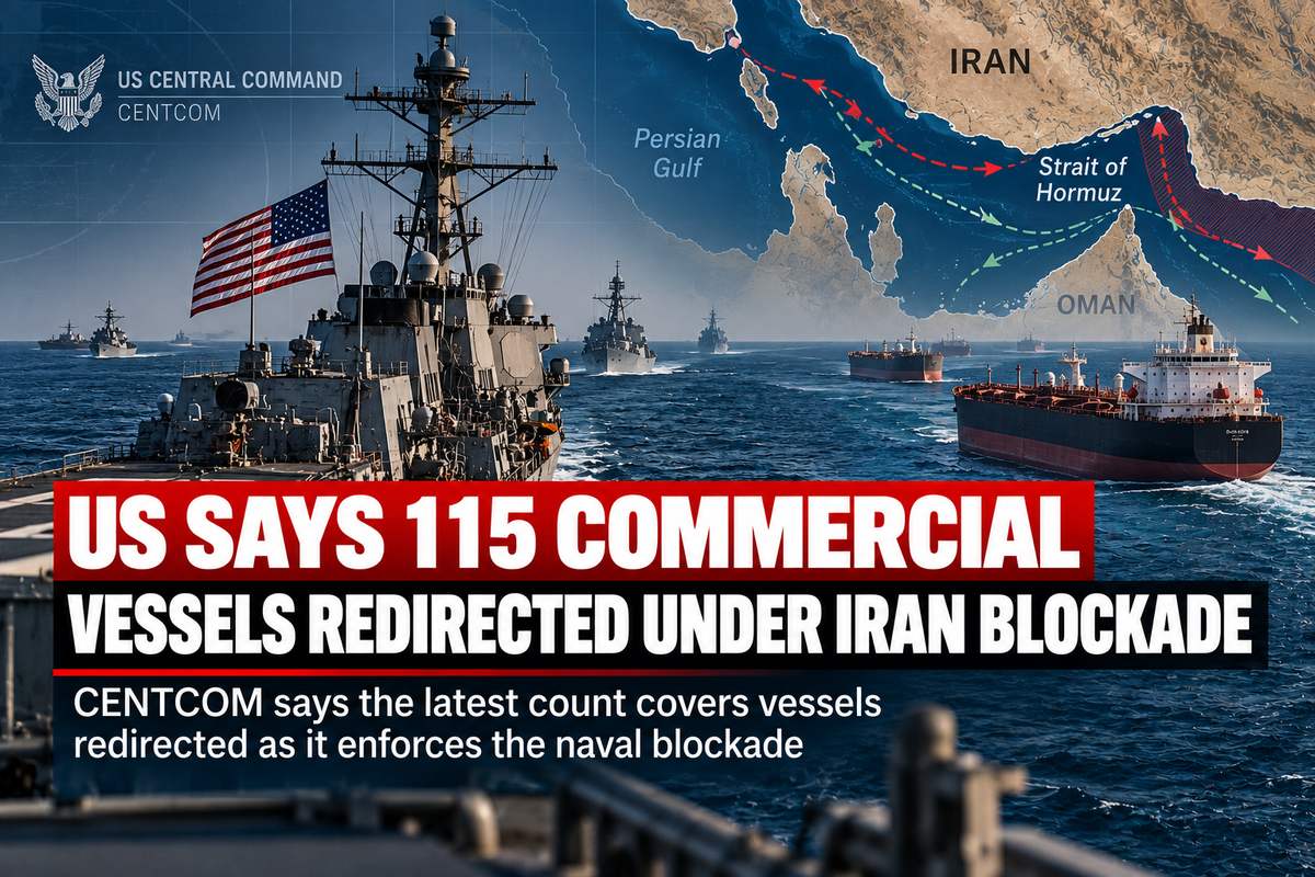 Editorial maritime graphic illustrating US Central Command's claim that commercial vessels have been redirected under the Iran blockade.