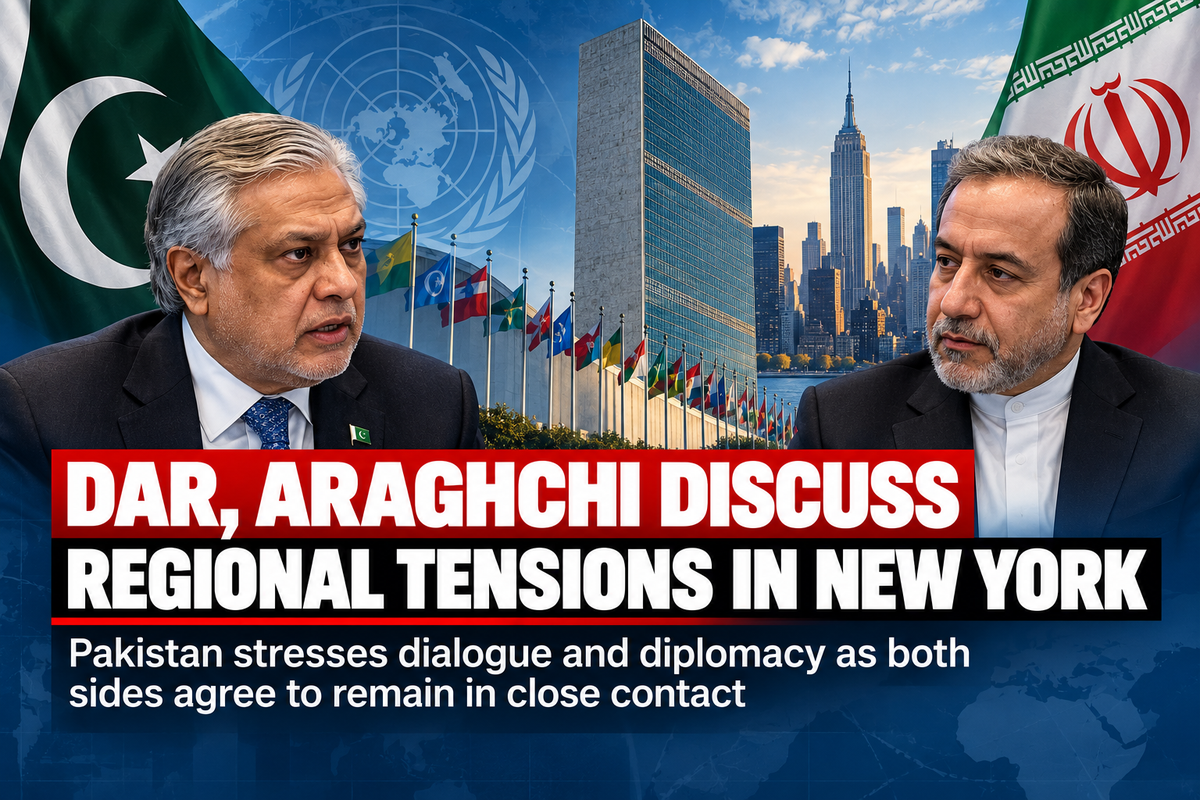 Editorial composite of Ishaq Dar and Abbas Araghchi with Pakistan, Iran and United Nations imagery representing their New York meeting.