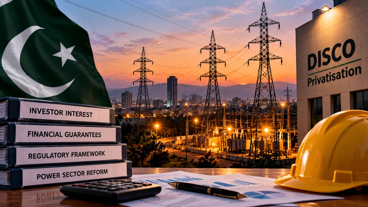 An AI-generated illustration of power distribution infrastructure and financial documents, representing DISCO privatisation.