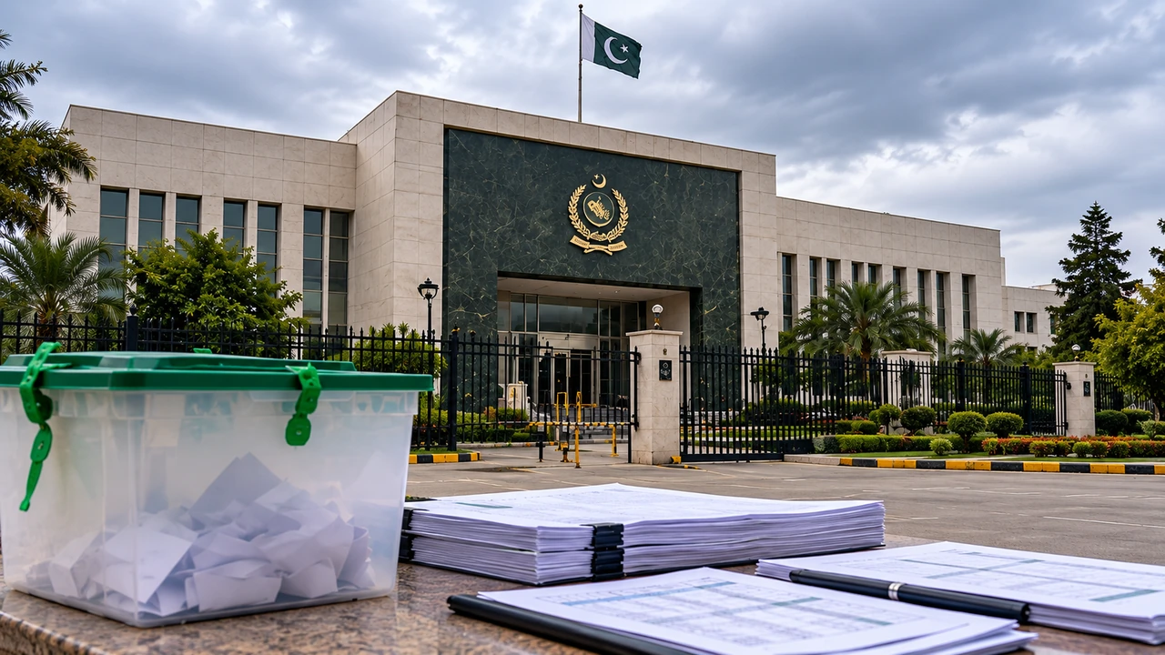 Pakistan Report illustration of an election administration building and ballot box; not an event photograph.