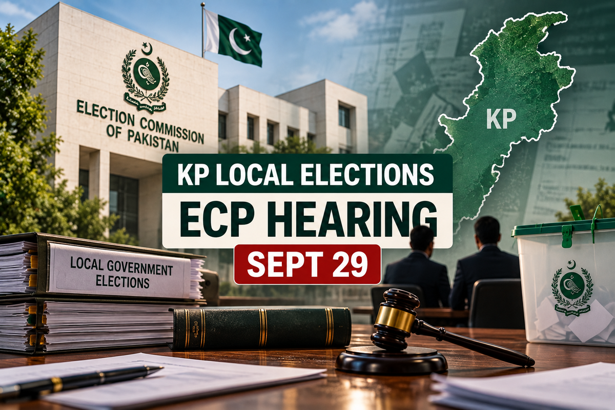 AI-generated Pakistan Report editorial illustration representing the Election Commission's hearing on Khyber Pakhtunkhwa local government elections.