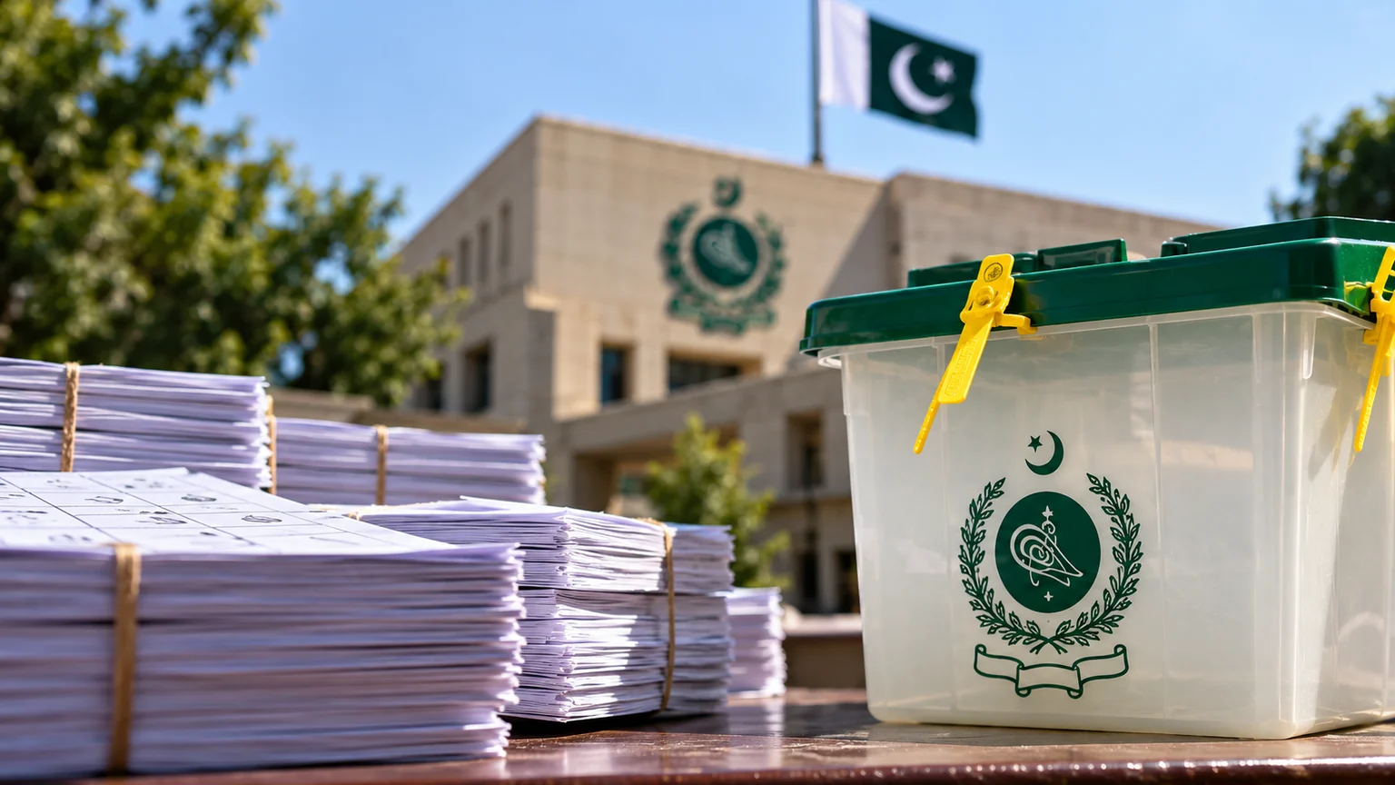 Illustration of bundled election papers and a sealed ballot box in front of a government-style building in Pakistan; not an actual event photograph.