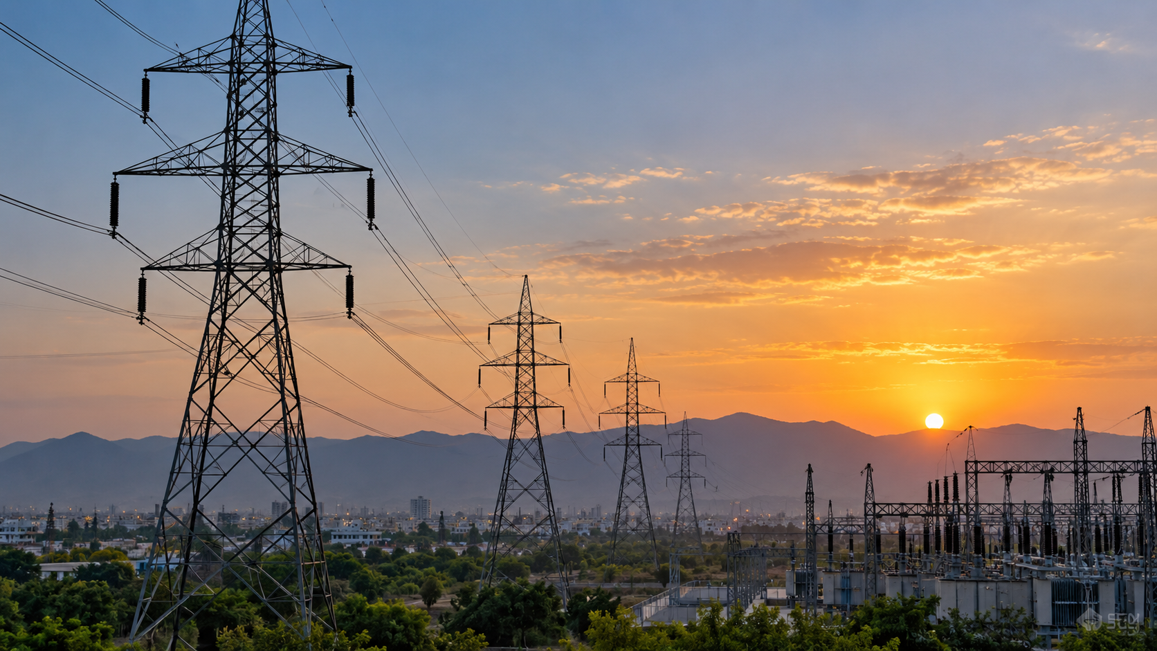 Electricity transmission towers and power infrastructure at sunset.
