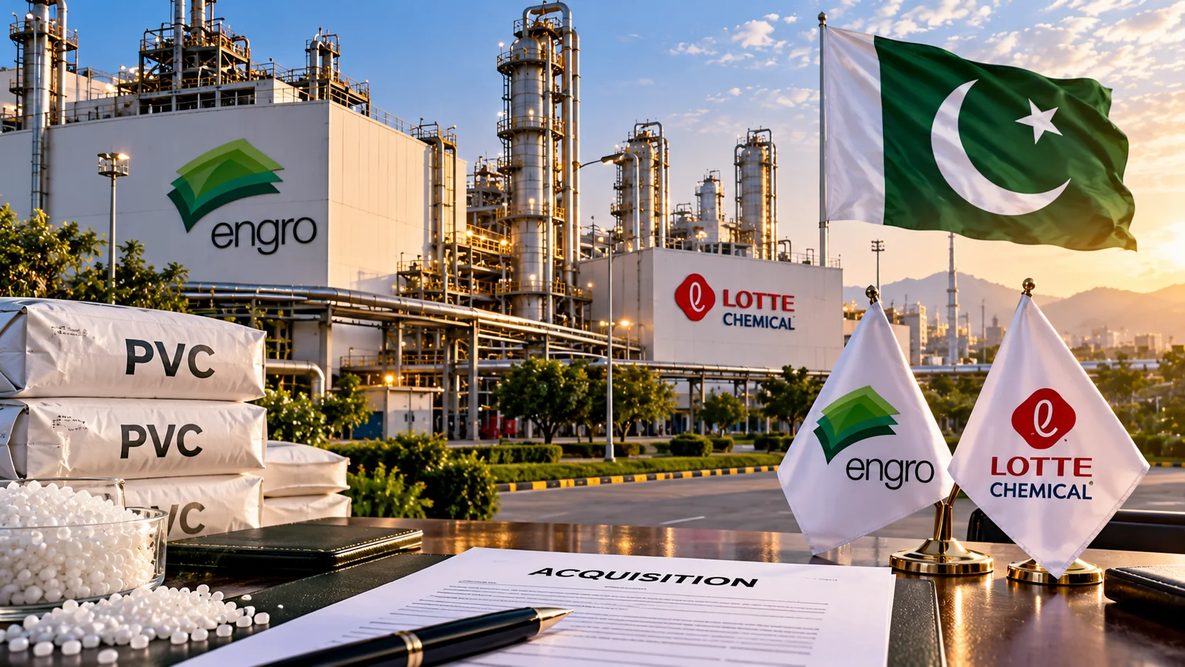 Editorial illustration of the Engro Polymer acquisition and chemical industry.