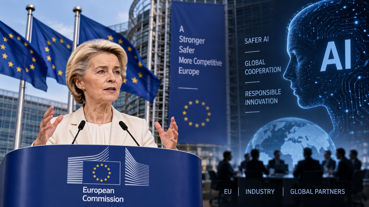 Editorial illustration of European Commission leadership and artificial intelligence safety discussions